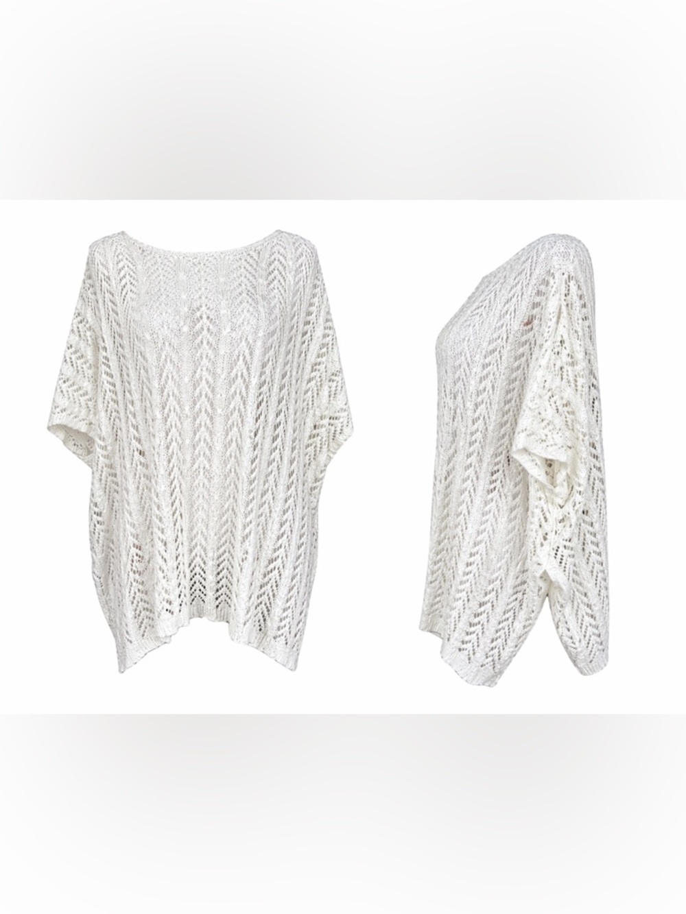Boho Coastal Open Crochet Knit Cover Up - white- One Size